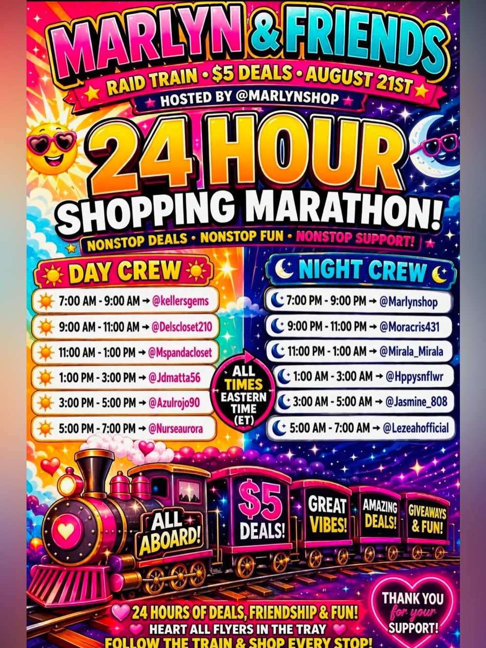 24 HR SHOPPING MARATHON $5
DEALS !!!! AUGUST 21st 🫶💕